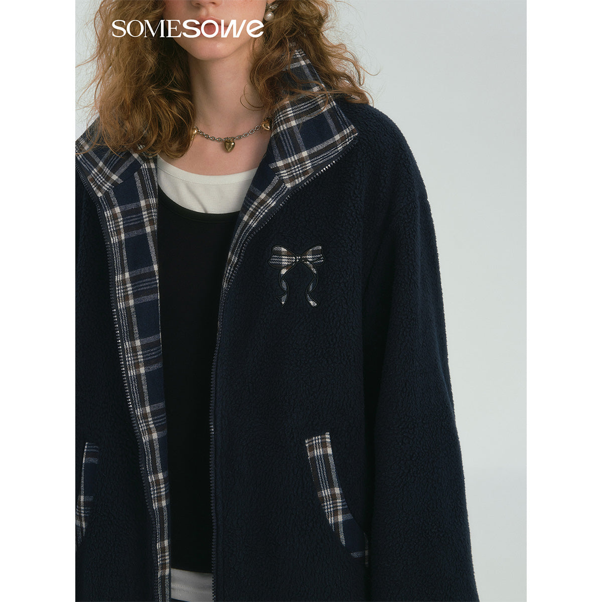 SomeSowe Reversible Plaid Fleece Jacket Navy Blue