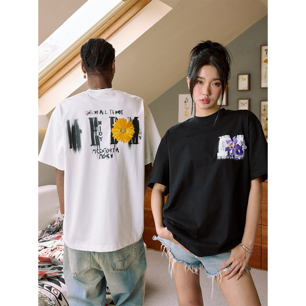 MEDM Mottled Logo Floral Embroidery Tee Black