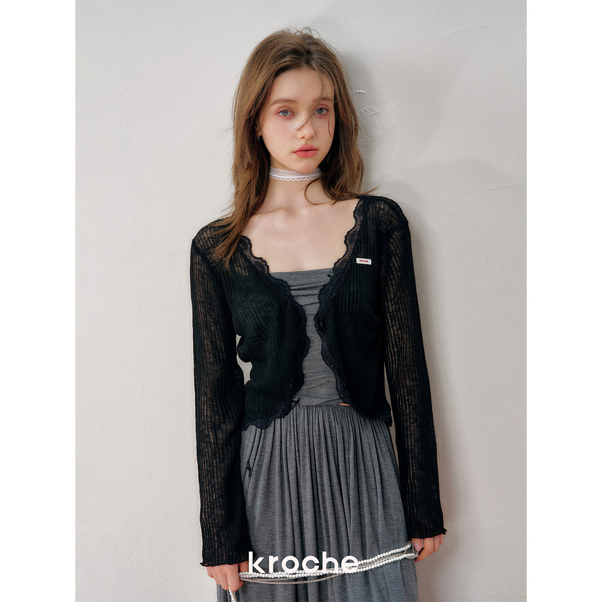 Kroche Lace Edge Patchwork Knitted Cardigan Black