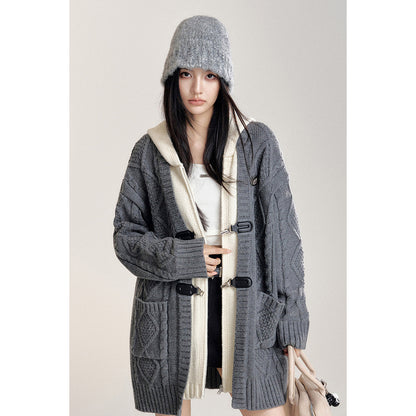 MacyMccoy Fake-2-Piece Hooded Silhouette Knit Cardigan Gray