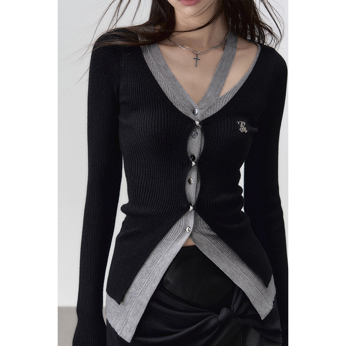 Via Pitti Fake-2-Piece Hollow Out Knit Long Cardigan Black