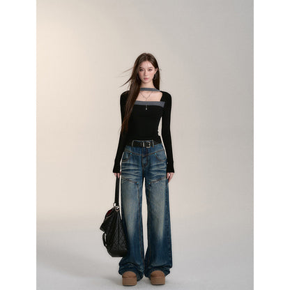 Via Pitti Rivet Wide-Leg Washed Denim Pants Blue