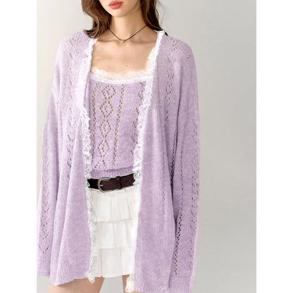 AsGony Lace Edge Hollow Cutting Knit Cardigan Purple