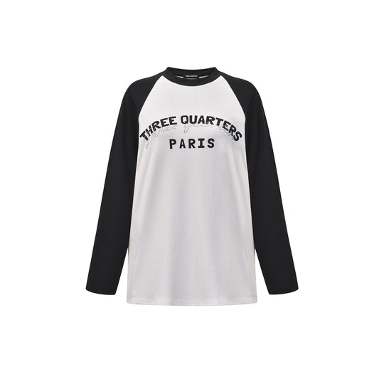 Three Quarters Color Blocked Rhinestone Logo L/S Tee Black