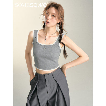 SomeSowe Lace Edge Rivet Knit Vest Gray