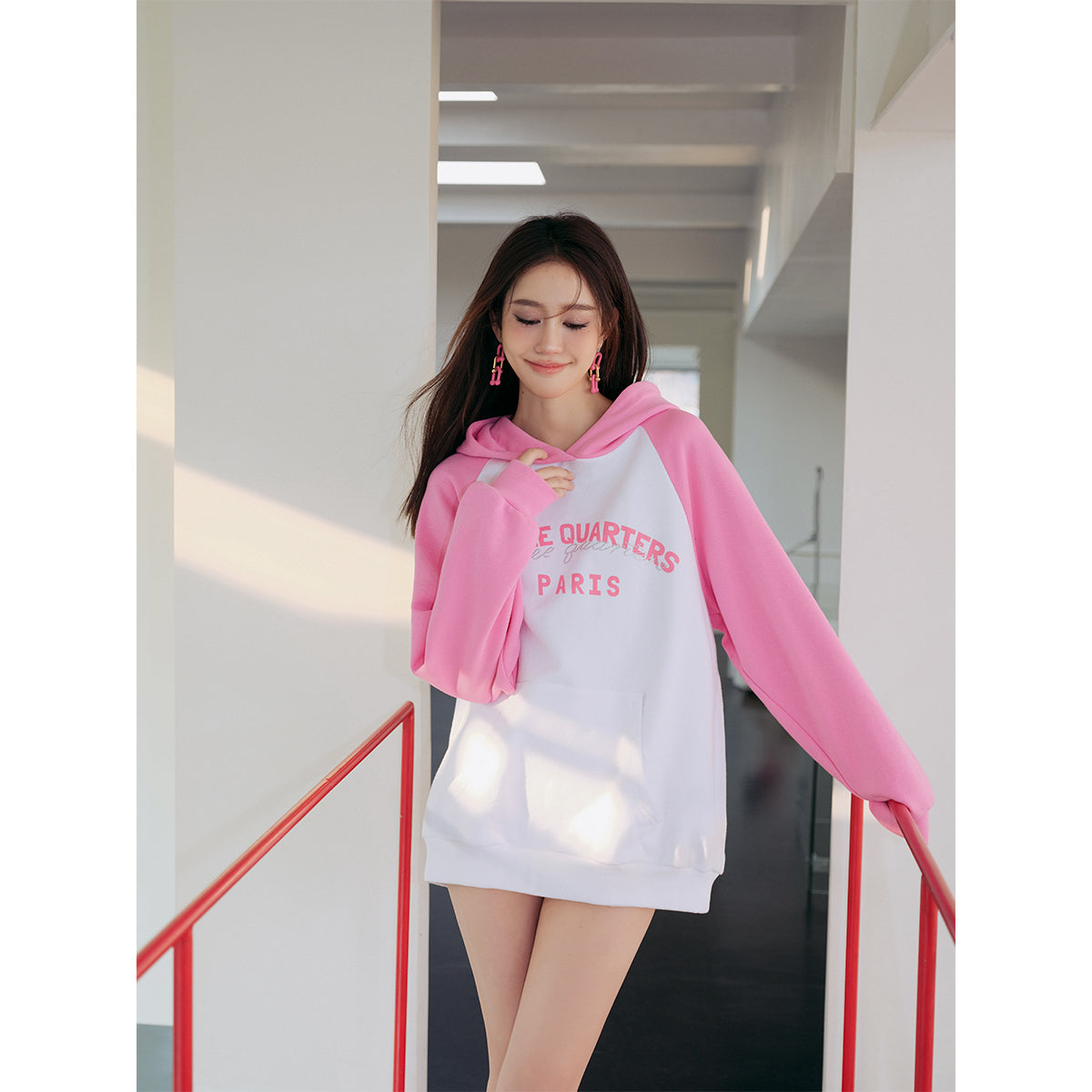 Three Quarters Rhinestone Printed Logo Hoodie Pink