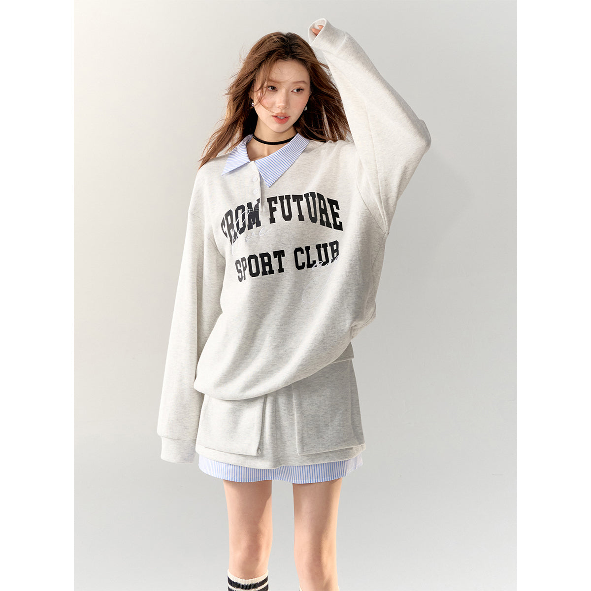 AsGony Retro Irregular Fake-2-Piece Sweater Gray