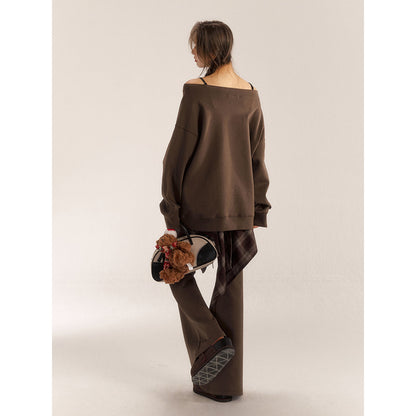 AsGony Retro Diagonal Shoulder Casual Sweater Brown