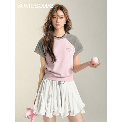 SomeSowe Bow Embroidered Raglan T-Shirt Pink