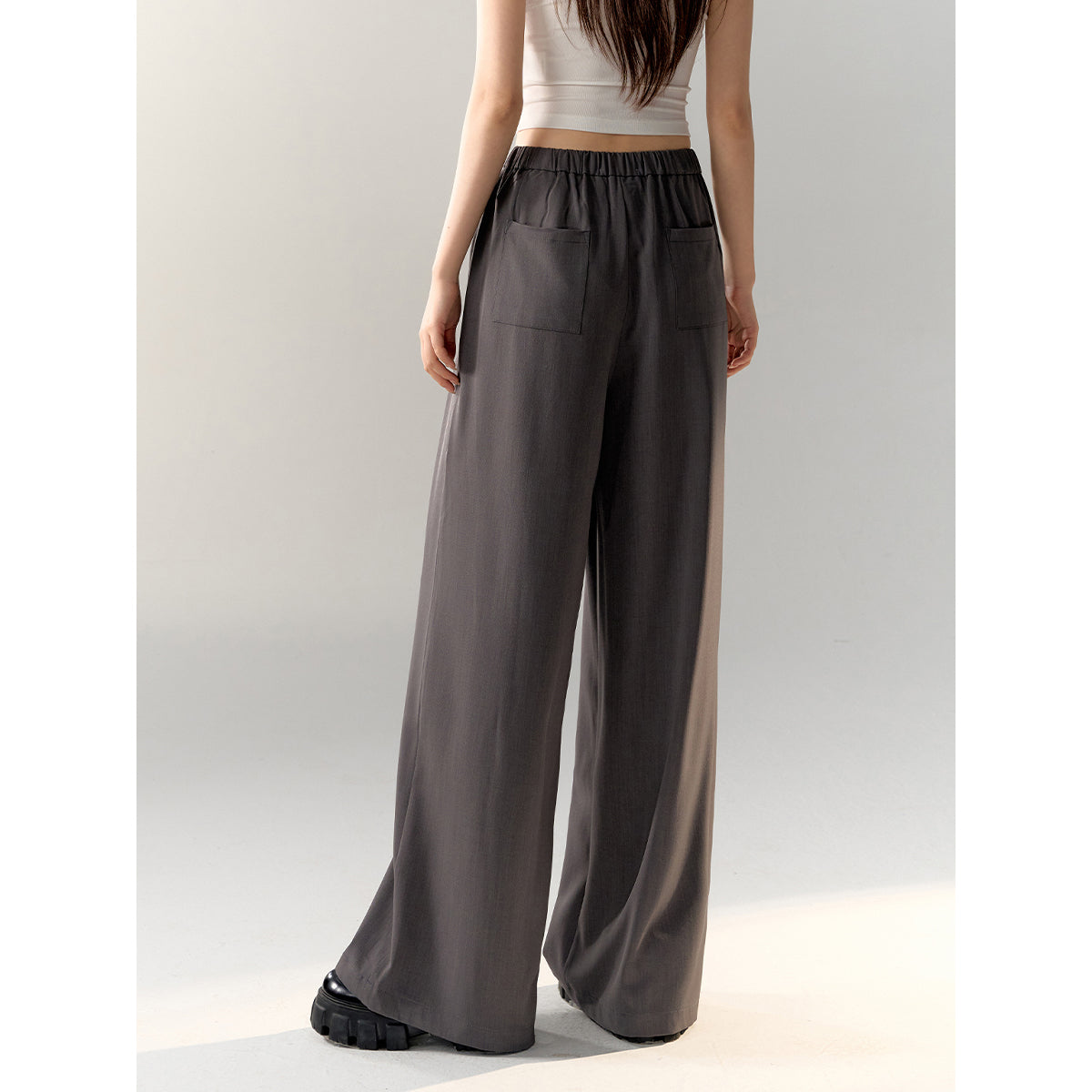 AsGony Stitching Drawstring Wide-Leg Suit Pants Gray