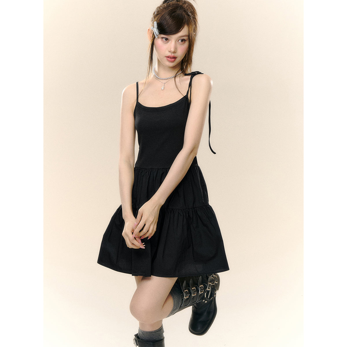 AsGony Irregular Off-Shoulder Knit Top Slip Dress Set Black