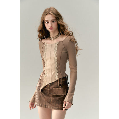 Via Pitti Lace Patchwork Knit Slim Top Khaki