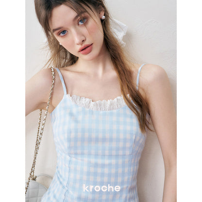 Kroche Plaid Lace Edge Patchwork Vest Blue