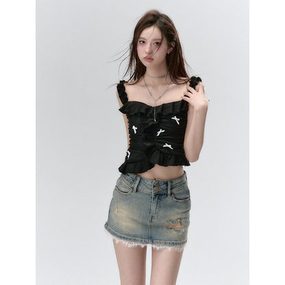 Via Pitti Ruffle Trim Bow Knots Halter Camisole Black