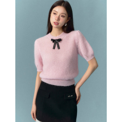 AsGony Bow Knot Short Sleeved Knit Top Pink