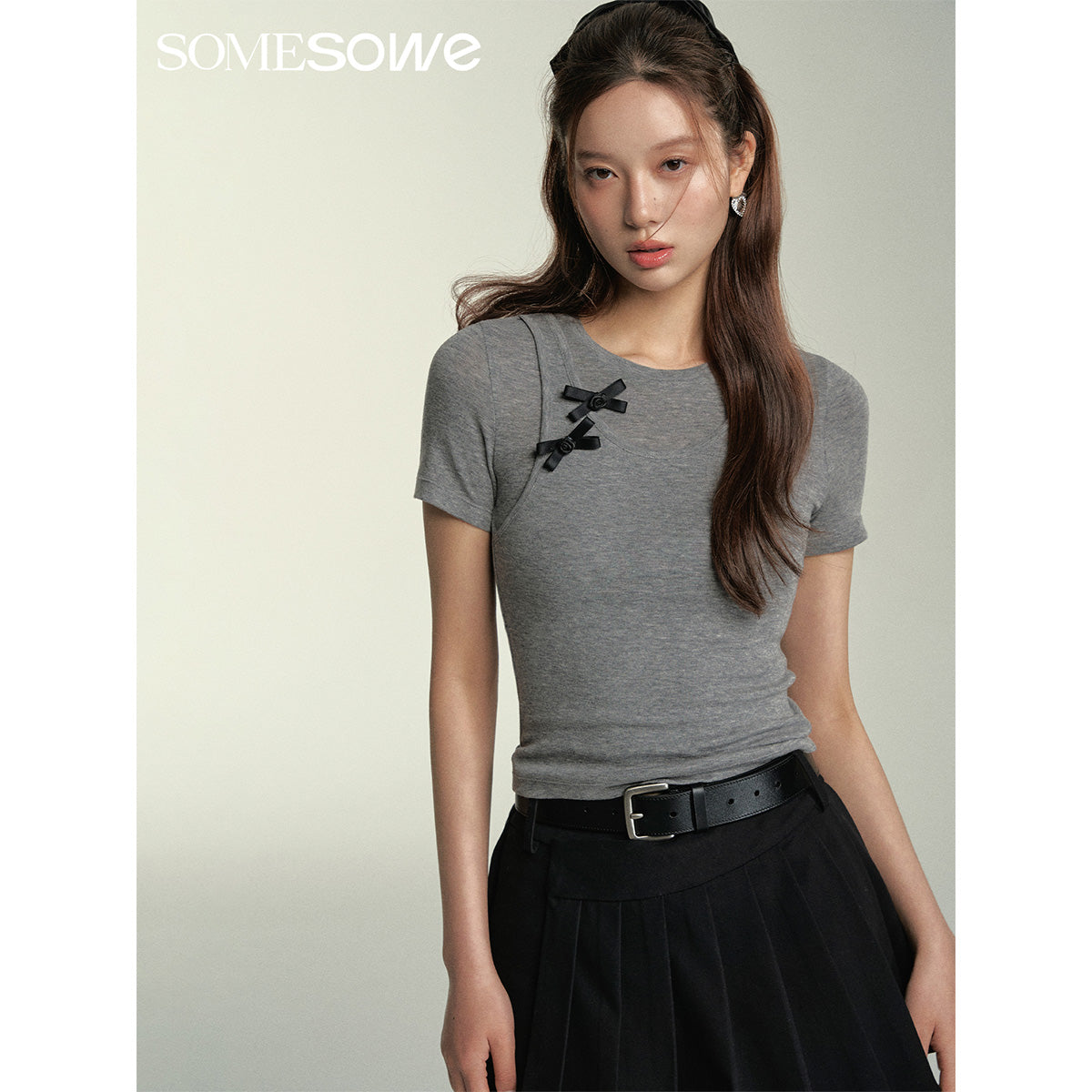 SomeSowe Fake-2-Piece Bow Tie Slim Top Gray