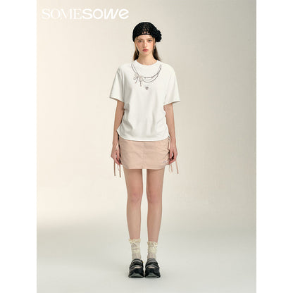 SomeSowe Pearl Necklace Printed Drawstring T-Shirt White