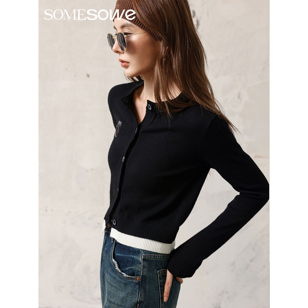 SomeSowe Color Blocked Logo Embroidery Cardigan Black