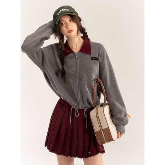 AsGony Contrast Color Drawstring Polo Knit Cardigan Gray