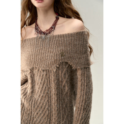 Via Pitti Destroy Cutting Off-Shoulder Knit Sweater Dress Khaki