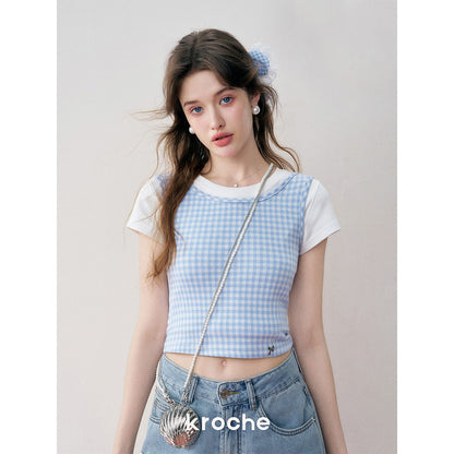 Kroche 3D Bow Plaid Sling Vest Blue