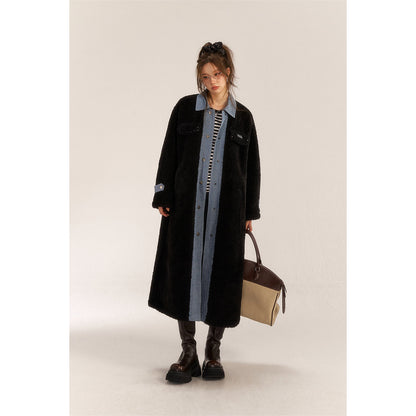 AsGony Fake-2-Piece Denim Patchwork Fleece Long Coat Black