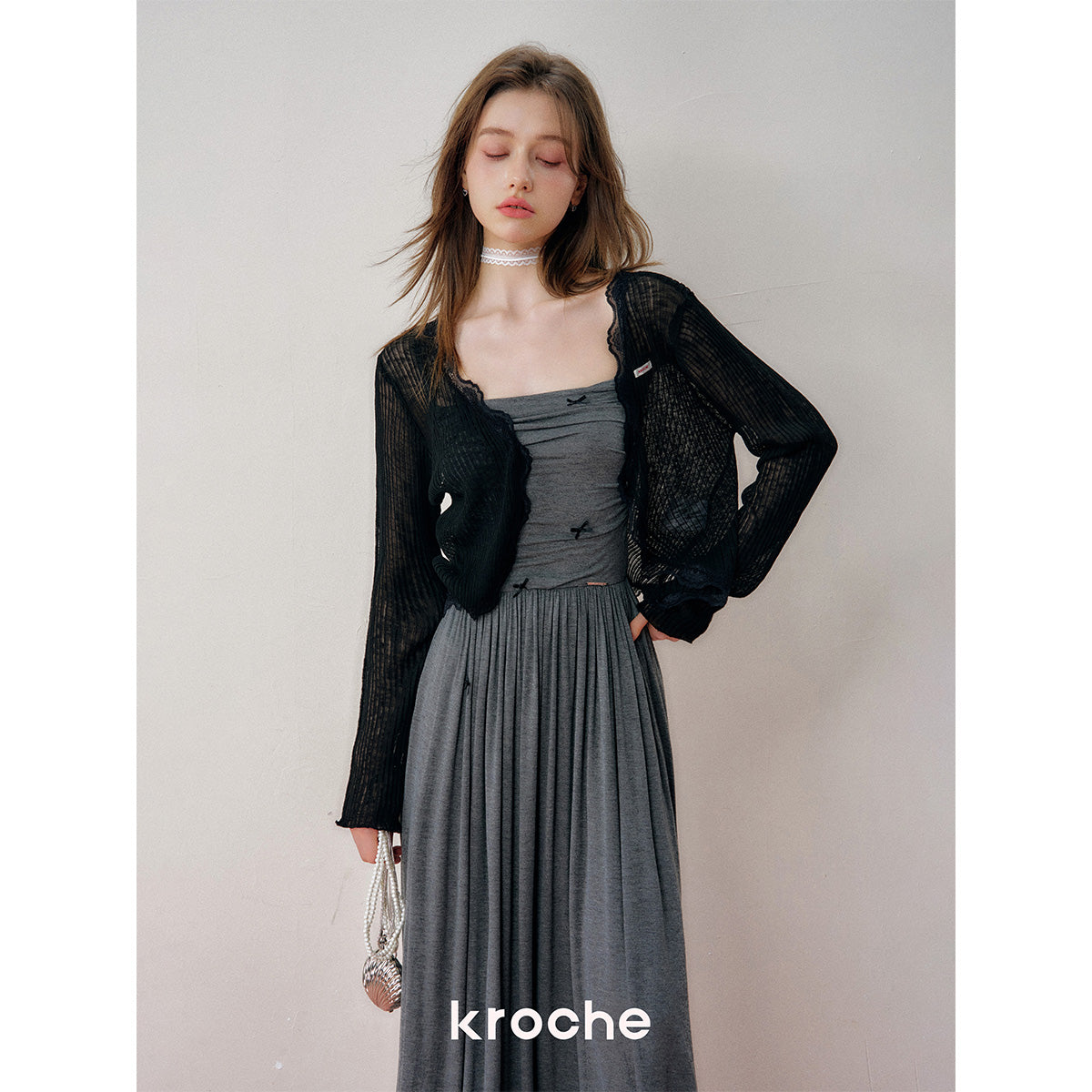 Kroche Lace Edge Patchwork Knitted Cardigan Black