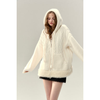 Via Pitti Fuzzy Edge Hooded Twist Knit Zipped Cardigan Cream