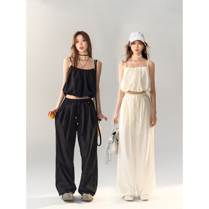 AsGony High Waist Drawstring Wide Leg Pants Black