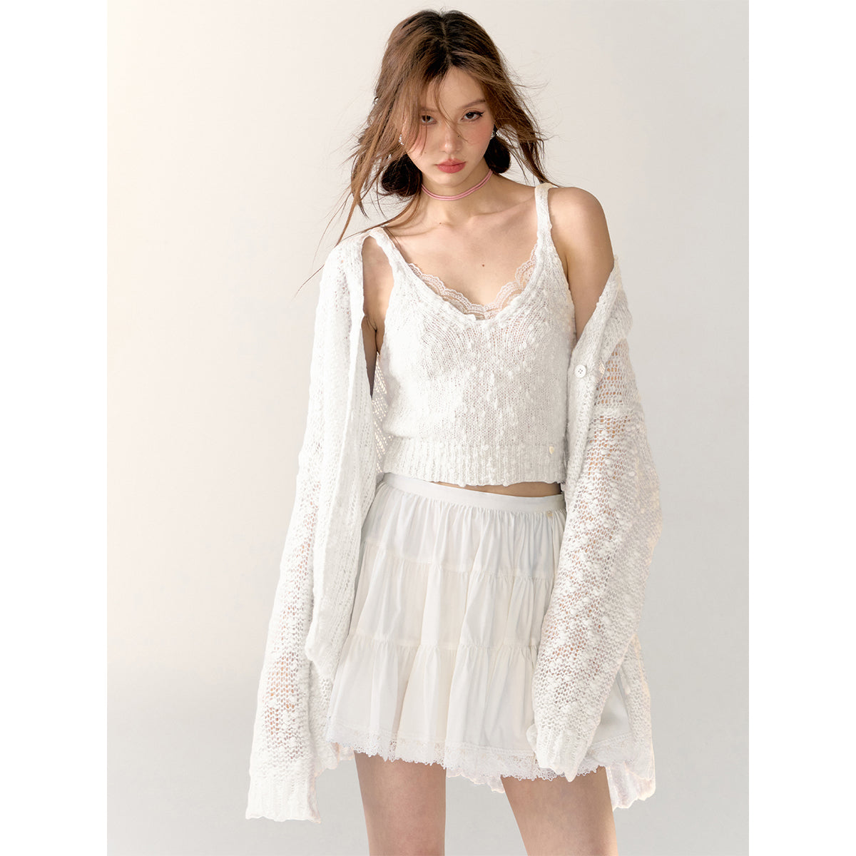 AsGony Lace Patchwork Knit Slip Vest White