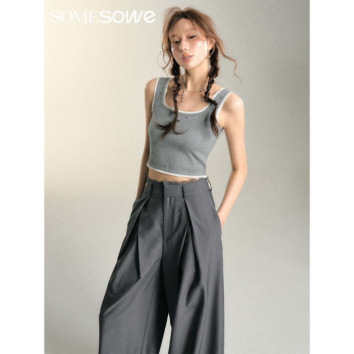 SomeSowe Lace Edge Rivet Knit Vest Gray