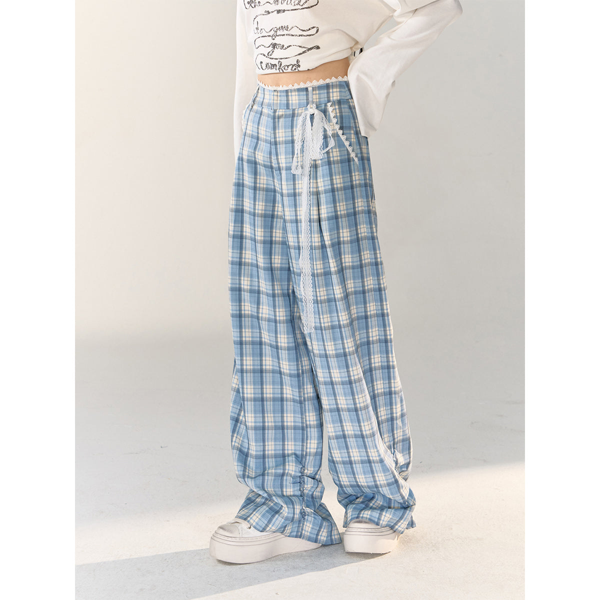 AsGony Lace Edge Plaid Casual Straight-Leg Pants Blue