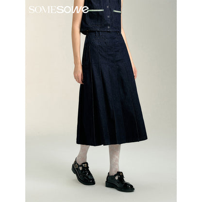 SomeSowe Pleated Denim Long Skirt Navy Blue