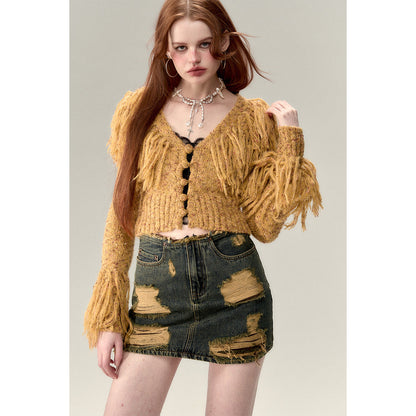 Via Pitti Heavy Tassel Knit Cardigan Yellow