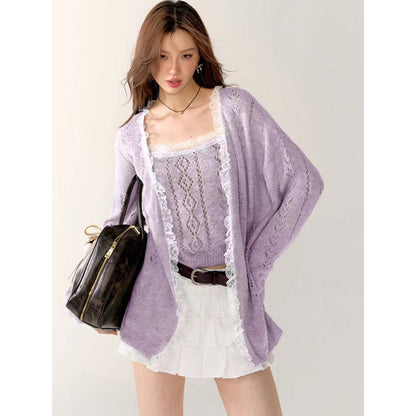 AsGony Lace Edge Hollow Cutting Knit Cardigan Purple