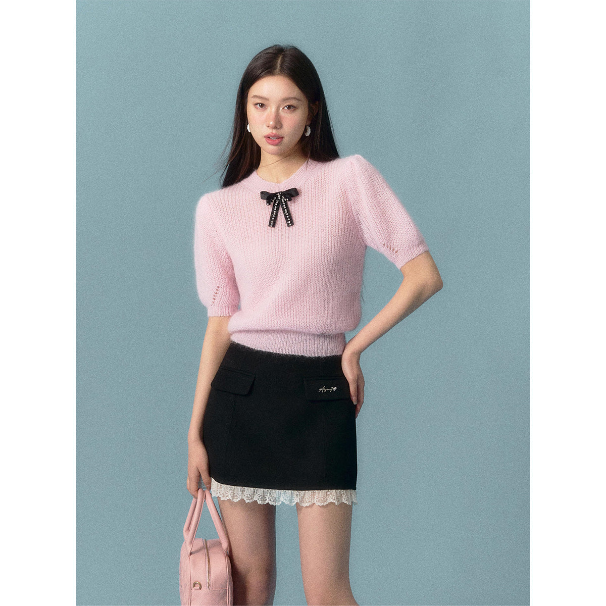 AsGony Bow Knot Short Sleeved Knit Top Pink