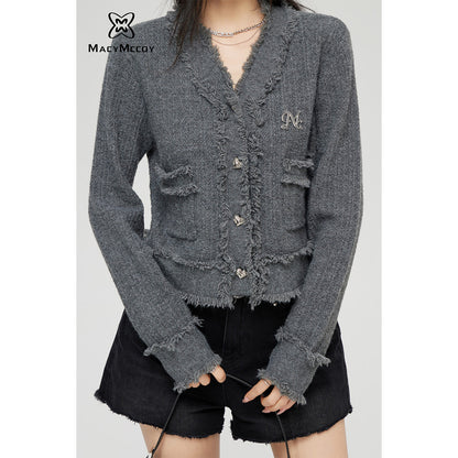 MacyMccoy Logo Destroyed Tassel Knit Cardigan