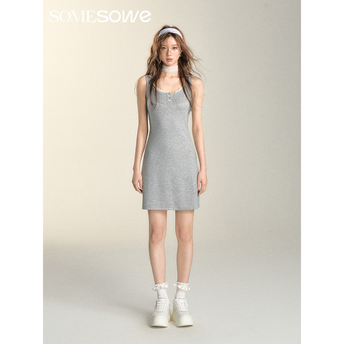 SomeSowe Lace Edge Vest Dress Gray