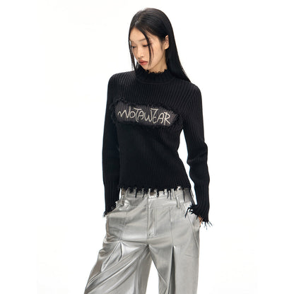 NotAwear Destroy Embroidery Logo Slim Knit Top Black