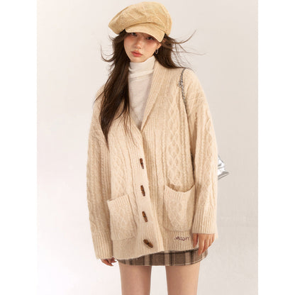 AsGony Blended Woolen Twist Lapel Knit Cardigan Khaki