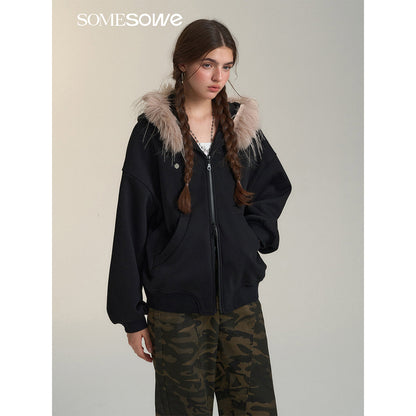 SomeSowe Detachable Fur Collar Hooded Top Jacket Black