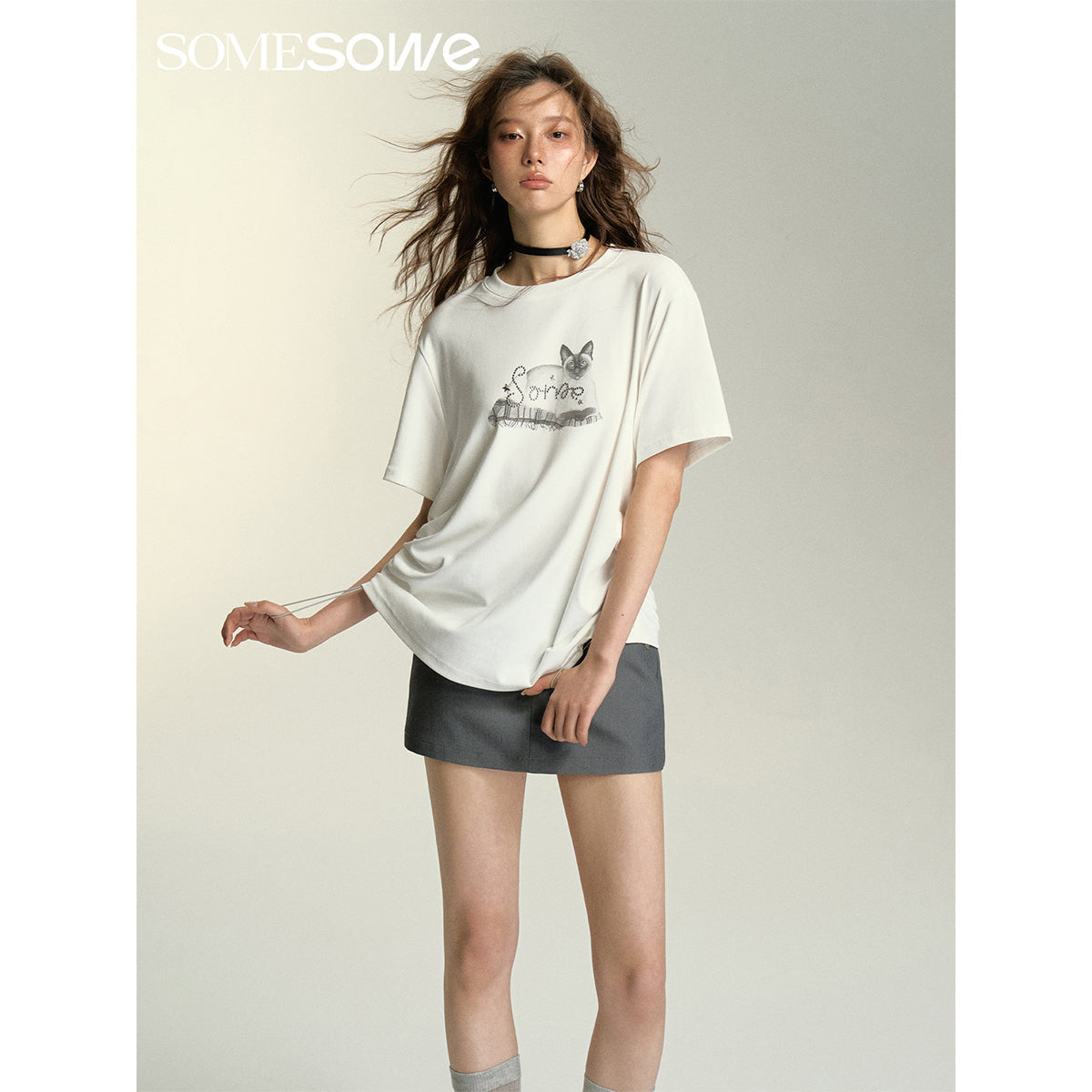 SomeSowe Lazy Cat Drawstring Loose T-Shirt White