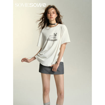 SomeSowe Lazy Cat Drawstring Loose T-Shirt White