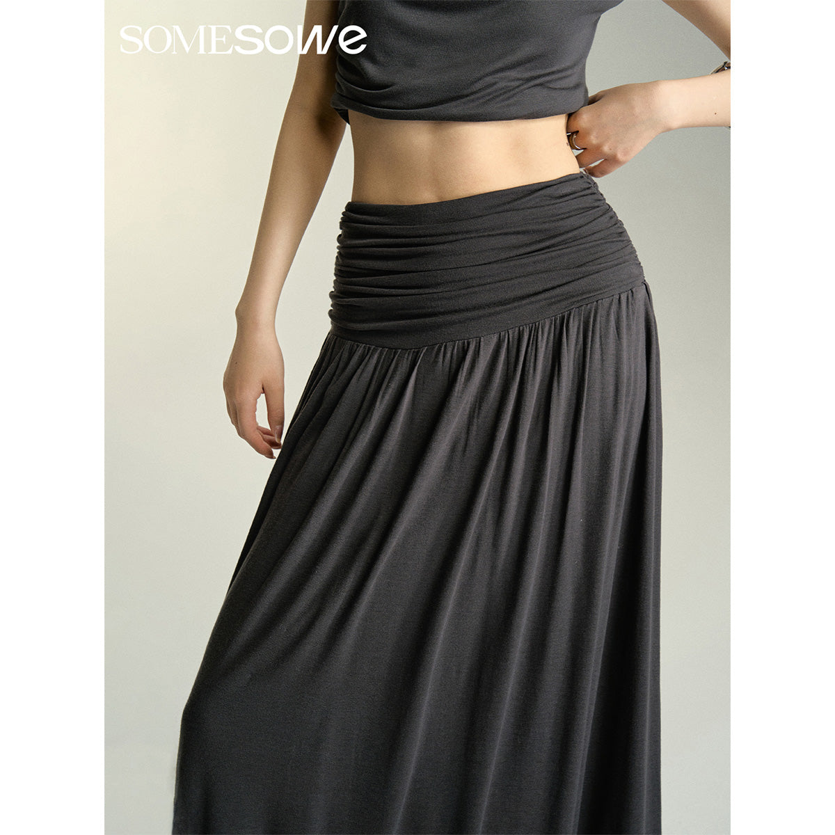 SomeSowe Heaped Ruffle Long Skirt Dark Grey