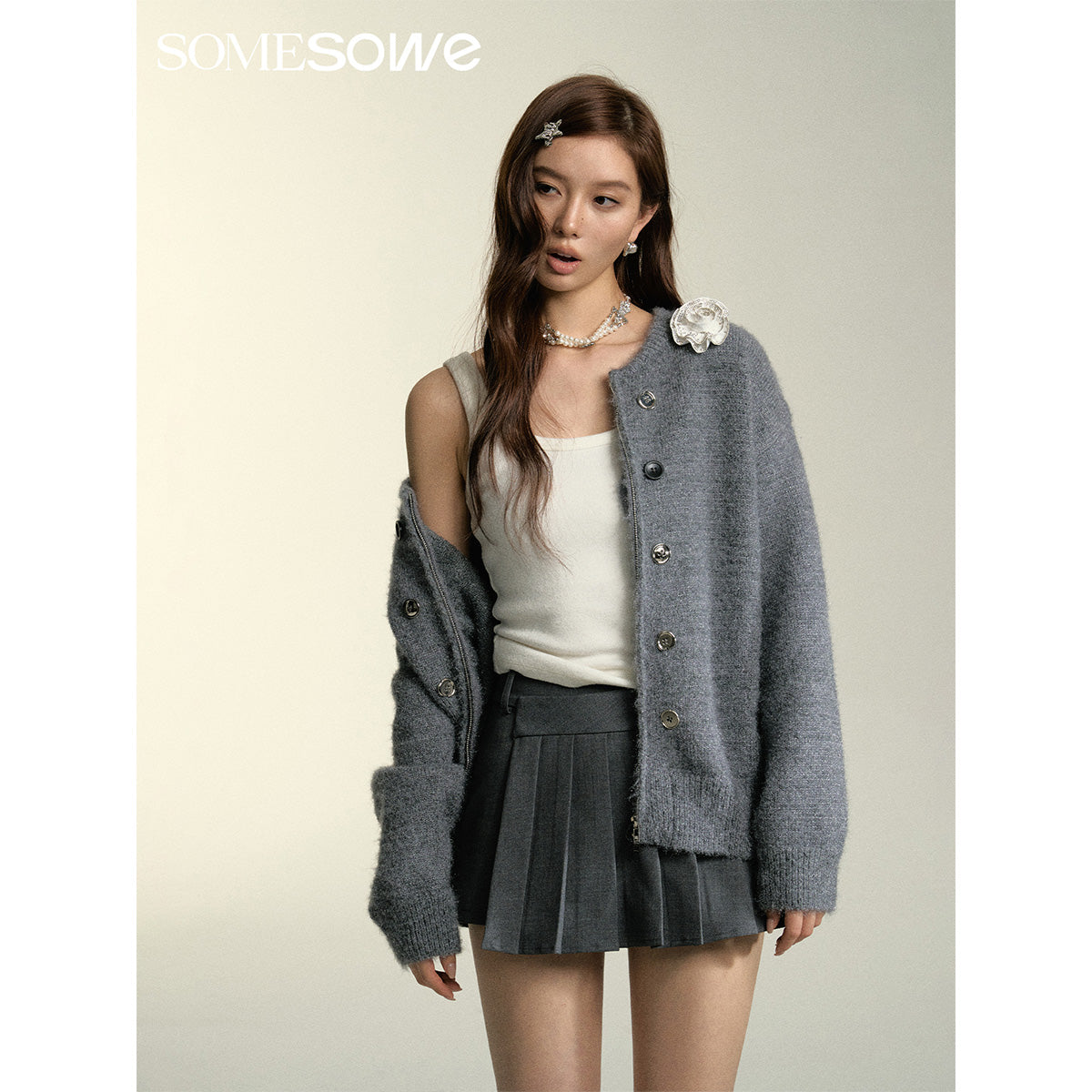 SomeSowe Double Breasted Zipper Cardigan Grey