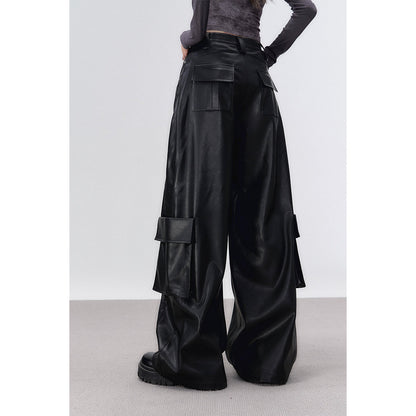 Via Pitti 3D Large Pocket Wide-Leg Leather Pants Black