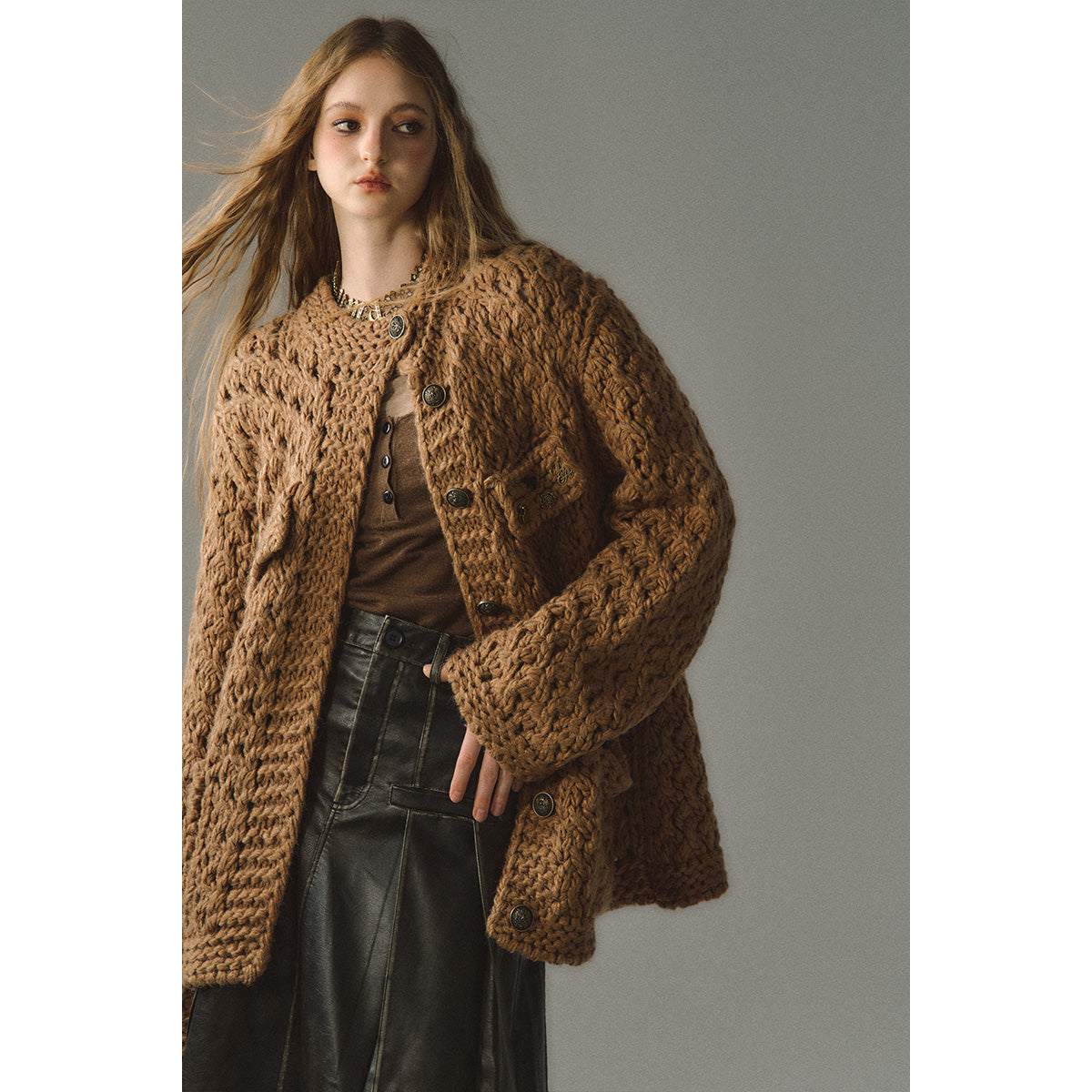 Via Pitti Metal Decor Knit Cardigan Brown