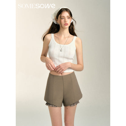 SomeSowe Split Patchwork Layered Bud Shorts Khaki