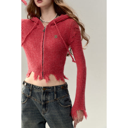 Via Pitti Destroy Cutting Waffle Knit Cardigan Red