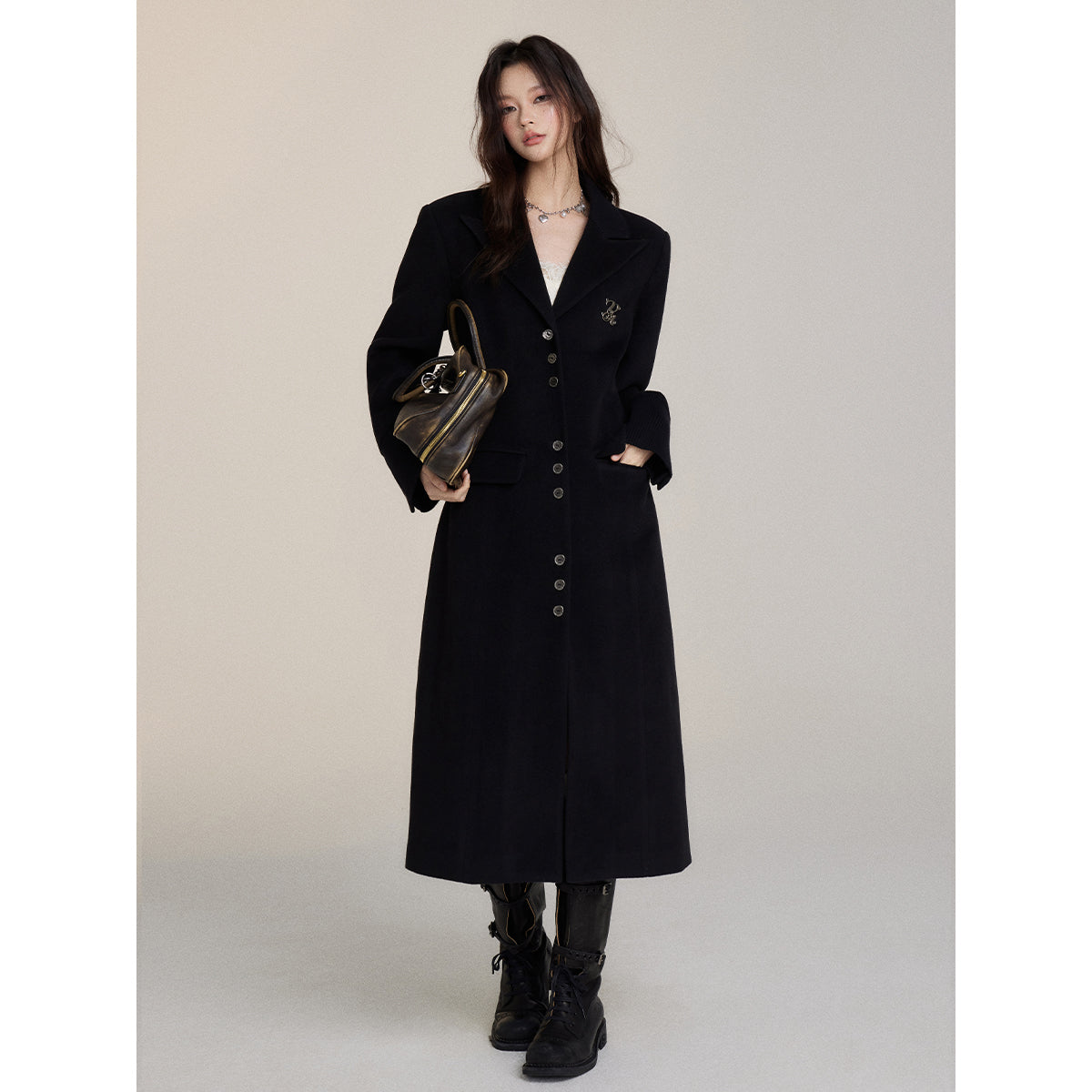 Via Pitti Heavy Patchwork Waisting Long Coat Black